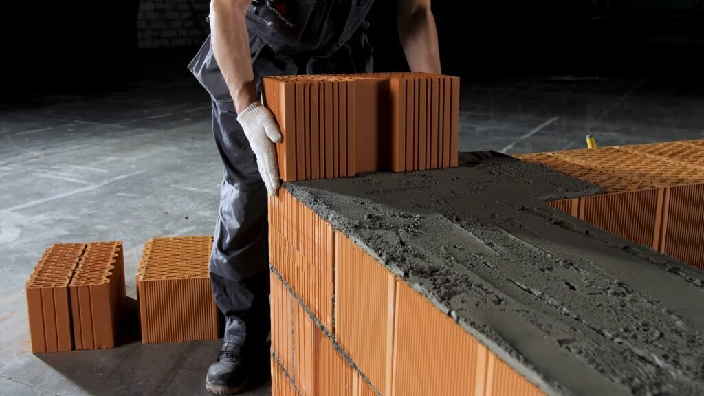 Industrial bricklayer worker placing bricks on cement while building walls. Stock footage. Close up
