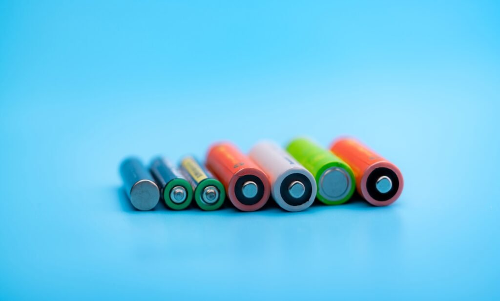 Rechargeable battery on blue background. Positive and negative terminals of rechargeable batteries.